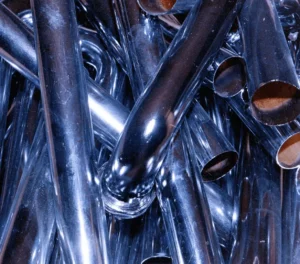 Close-up of shiny stainless steel tubes.