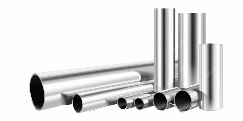 Various sizes of shiny metal pipes.